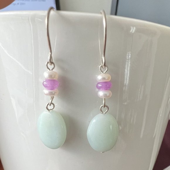 Artisan 925 Sterling Silver Semi Precious Stone Hook Earrings, Amazonite, Jade - Picture 2 of 4